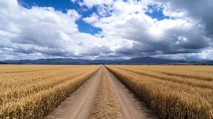 Fototapeta premium Expansive Rural Field Under Bright Clouds Framing a Dusty Path on Sunny Day : Generative AI