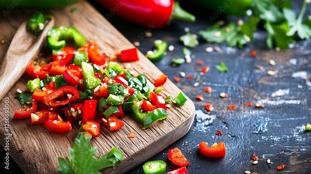 Aufkleber Colorful array of finely chopped vegetables including red and green peppers on a rustic cutting board : Generative AI