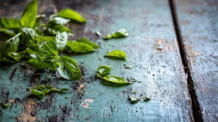 Fresh Green Basil Leaves on Rustic Wooden Table Perfect for Cooking and Home Decor : Generative AI