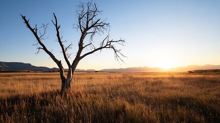 Barren tree standing alone in golden grasslands during sunset with distant mountains : Generative AI