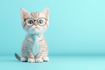 Adorable kitten wearing glasses and a tie on a turquoise background. Fun and quirky pet portrait with business theme.