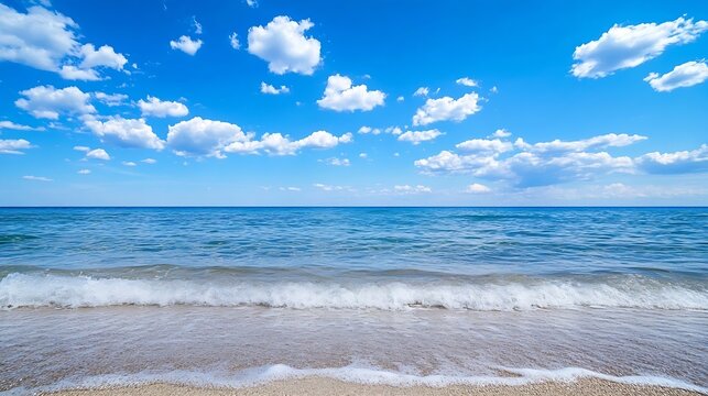 Scenic view of the tranquil ocean with gentle waves and a bright blue sky filled with fluffy clouds : Generative AI
