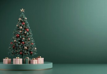 Digital Christmas Tree With Gifts On Teal Pedestal