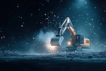 Excavator breaking rocks in a night construction site illuminated by artificial lights. Heavy machinery and construction concept