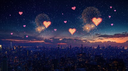 Naklejka premium A breathtaking view of heart-shaped fireworks lighting up the night sky over a sparkling cityscape.