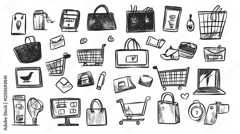 Poster shopping cart with add button, paper shopping bag and gift box with ribbon bow. sketch symbols for s