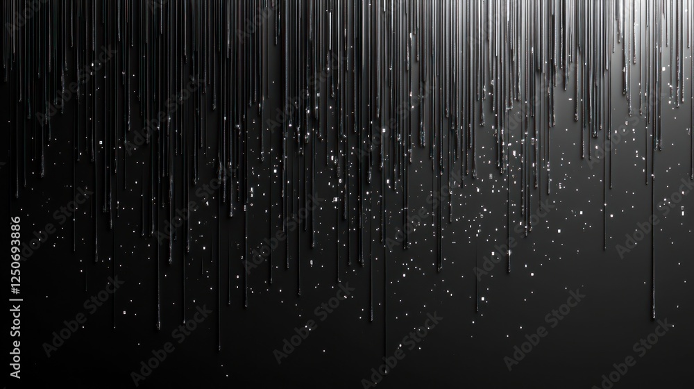 Poster elegant black background with falling metallic lines and glittering particles