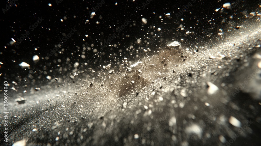 Poster abstract representation of particles in motion against a dark background.