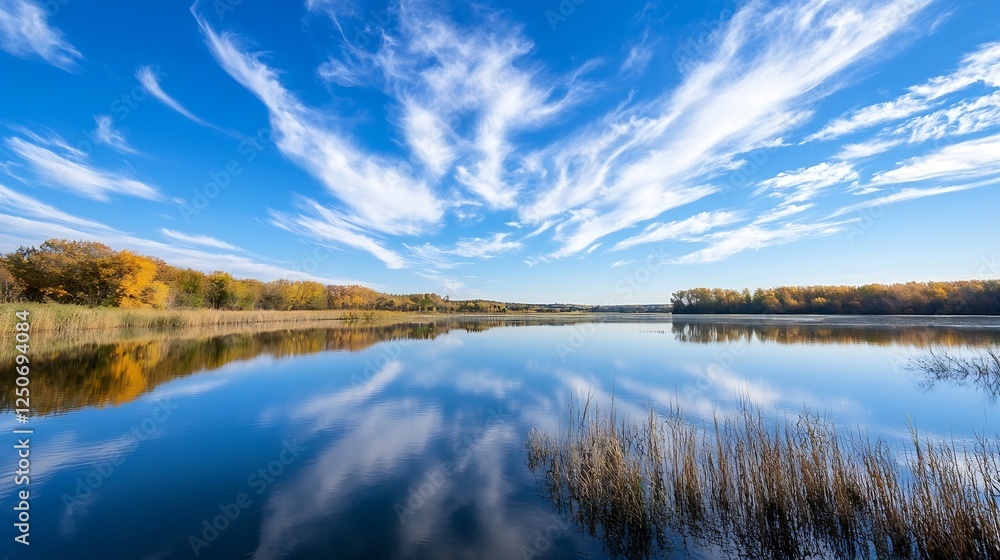 Poster tranquil landscape featuring a calm lake under a blue sky with dramatic clouds and autumn colors : g