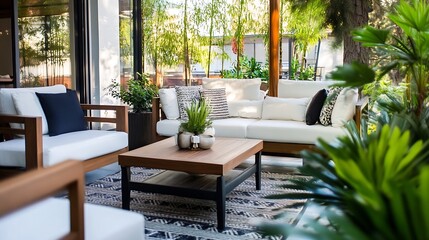 Fototapeta premium Stylish and Comfortable Living Room Setting with Modern Furniture Surrounded by Greenery : Generative AI