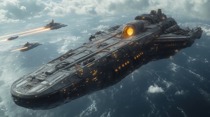 A futuristic spaceship navigating through clouds in a sci-fi setting.