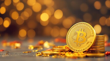 A collection of golden Bitcoin tokens arranged on a reflective surface with a vibrant, golden light bokeh background, symbolizing cryptocurrency, digital finance, and blockchain technology innovation.