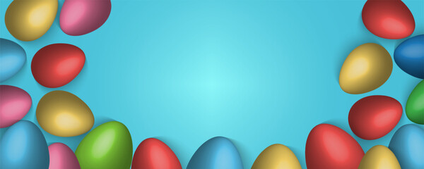 Easter Greeting card poster and banner template with Easter eggs in the nest on green, blue, yellow, white and pink background.Greetings and presents for Easter Day with copy space in flat lay styling
