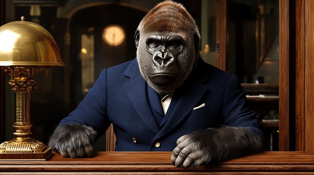 A silverback gorilla suit sit reception desk hotel.