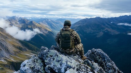 Soldier with tactical gear looks out over a breathtaking mountain landscape : Generative AI