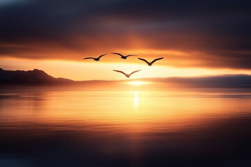 Fototapeta premium Four birds flying over a calm sea during a vibrant sunset with orange and purple hues. Symbolizing freedom and tranquility.