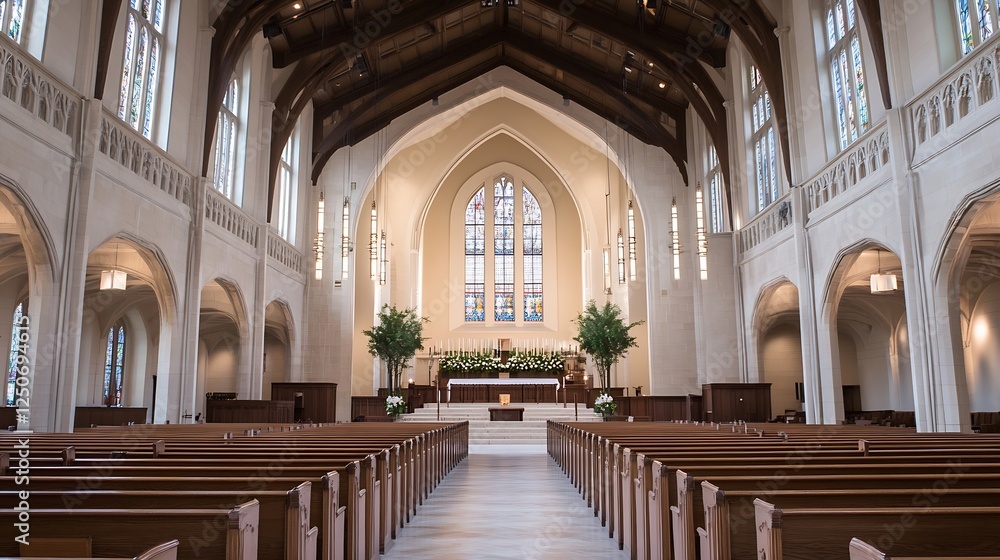 Aufkleber an elegant interior view of a grand church showcasing its beautiful architecture and serene atmosphe
