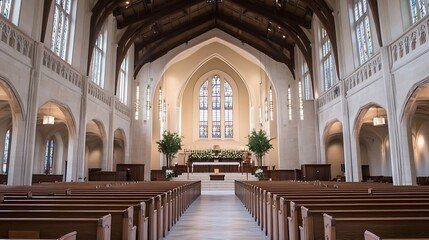 Fototapeta premium An elegant interior view of a grand church showcasing its beautiful architecture and serene atmosphere : Generative AI