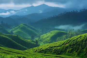 Obraz premium Misty sunrise over rolling green tea plantation hills