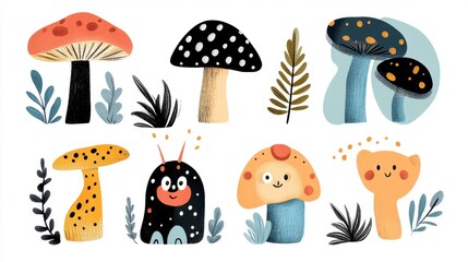 Playful and Colorful Mushroom Illustrations in a Whimsical Style