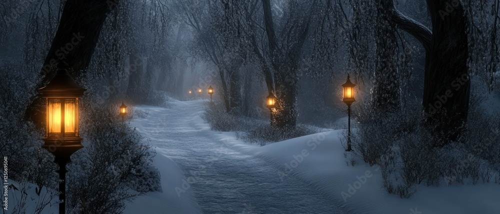 Poster snowy path illuminated by lanterns in a serene winter forest