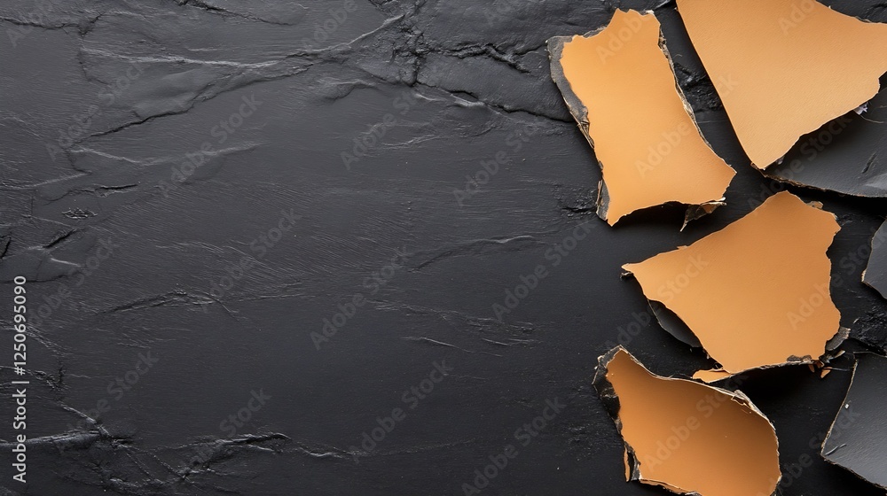 Poster artistic closeup of a textured black surface with peeled orange paint flakes for design and creative