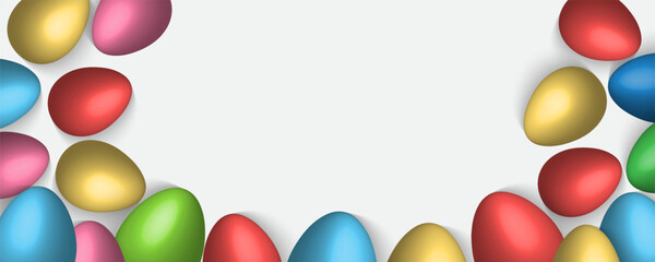 Easter Greeting card poster and banner template with Easter eggs in the nest on green, blue, yellow, white and pink background.Greetings and presents for Easter Day with copy space in flat lay styling