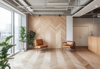 Modern Office Space With Herringbone Wood Paneling