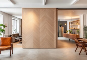 Fototapeta premium Open Plan Interior Design With Light Beige Wooden Partition