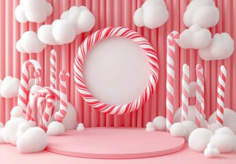 Pink Candy Cane 3D Scene with Round Frame