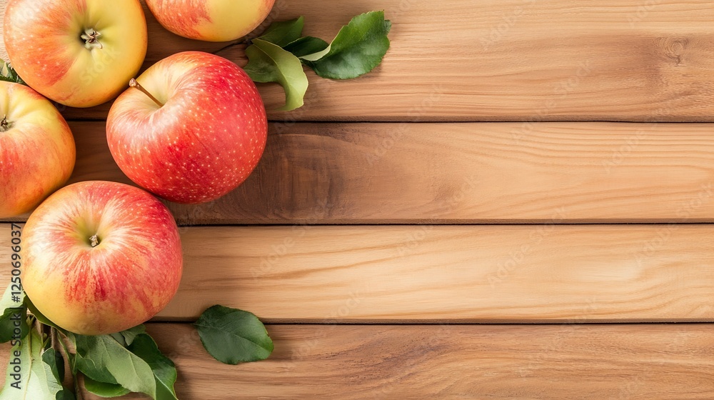 Aufkleber freshly picked red apples with green leaves arranged on a rustic wooden surface : generative ai