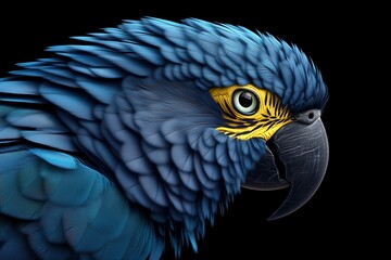Obraz premium Close-up of a vibrant blue macaw parrot with intricate feather details on a black background. Beauty and exotic wildlife concept.