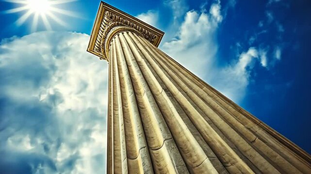 Majestic ancient column standing tall under a brilliant blue sky with clouds and sunlight illuminating its grandeur