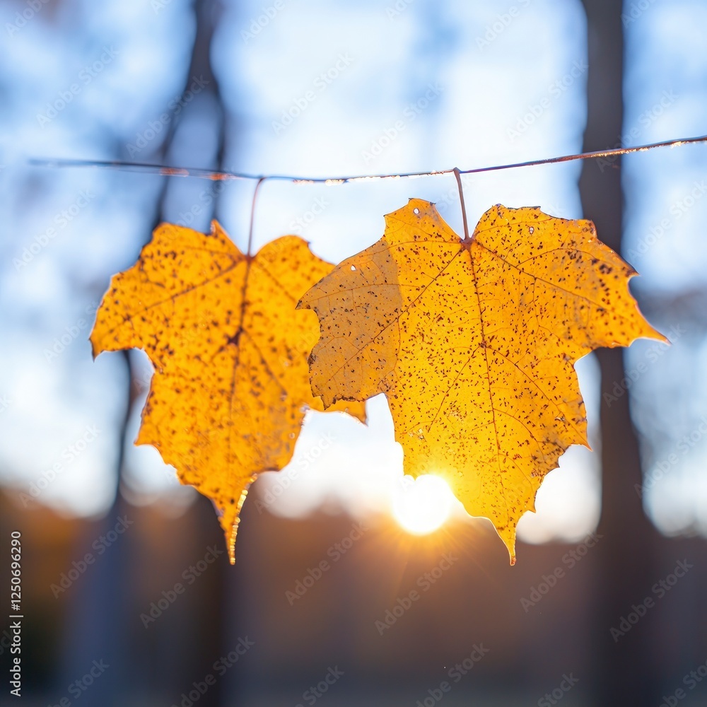 Wall mural Two Yellow Maple Leaves Hanging at Sunset