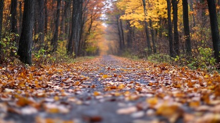 Beautiful autumn path lined with vibrant yellow and orange leaves on a tranquil forest road : Generative AI