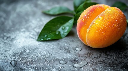 Juicy peach with leaves, dark background, food photography, recipe website