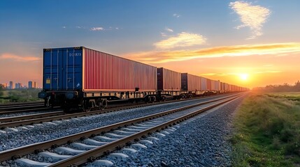 Fototapeta premium Vibrant sunset illuminating freight train containers along the railway tracks in an urban setting : Generative AI