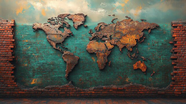A world map divided by tall brick walls, preventing goods from flowing between nations, trade wall, economic protectionism