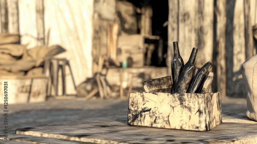 Poster a weathered crate holding several bottles, set against a rustic backdrop.
