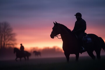 Silhouette of a horse rider on a misty field at dusk with a purple-orange sky. Conveying mystery and tranquility.