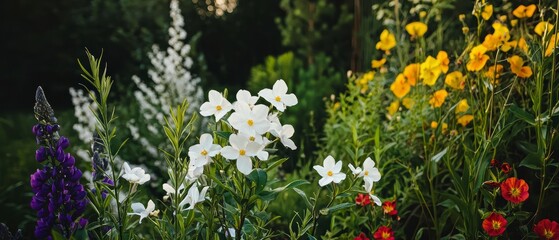 Vibrant Garden with White, Yellow, and Purple Flowers in Bloom