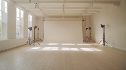 Bright and spacious photography studio with professional lighting equipment