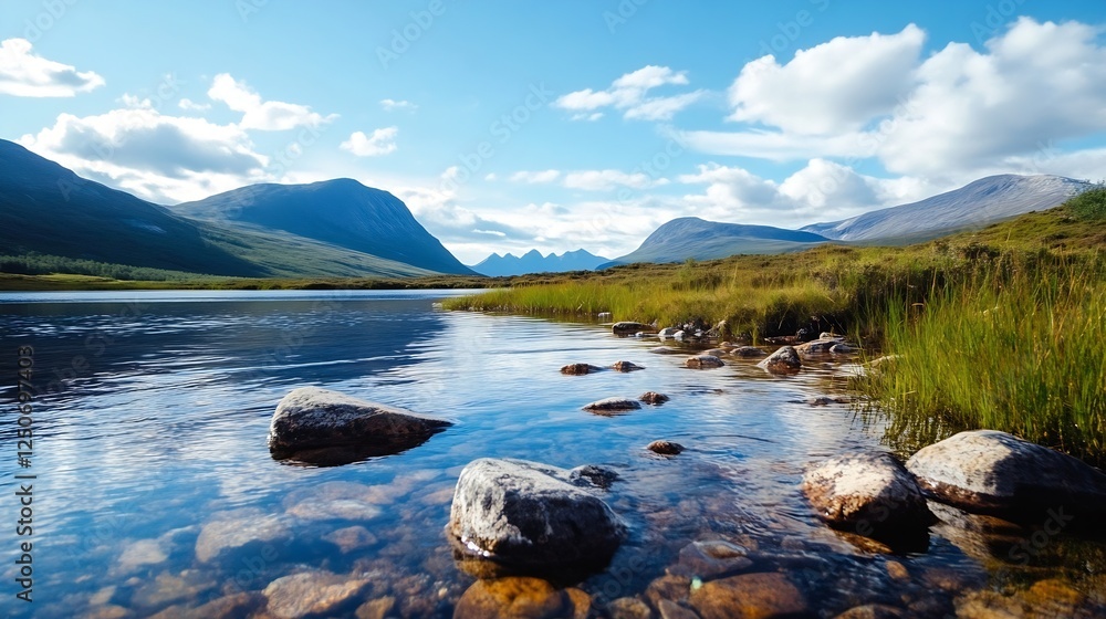 Aufkleber serene mountain landscape featuring a calm lake with clear reflection and dramatic cloud formations 