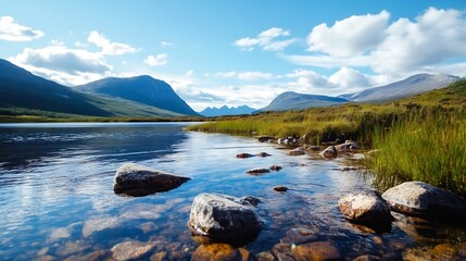 Serene mountain landscape featuring a calm lake with clear reflection and dramatic cloud formations above : Generative AI