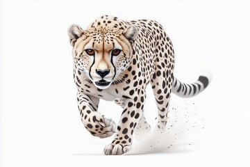 Fototapeta premium Cheetah in full sprint with detailed fur texture against a white background. Speed and wildlife concept.