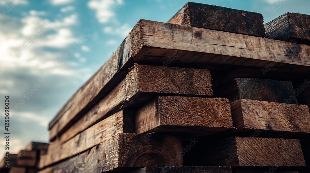 Aufkleber stack of rustic wooden planks against a scenic sky representing craftsmanship and natural materials 
