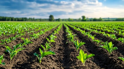 Expansive green farmland with rows of young plants illuminated by natural sunlight : Generative AI