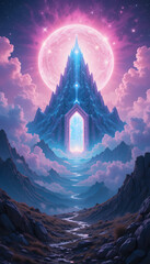 surreal dreamlike landscape with luminescent pink and violet clouds, a glowing crystalline mountain peak, and a radiant celestial gate floating in the cosmic sky