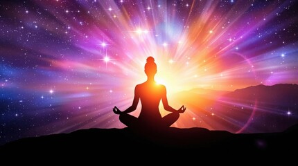 Meditating Silhouette Against Cosmic Sky with Radiating Light and Mystical Colors
