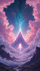 surreal dreamlike landscape with luminescent pink and violet clouds, a glowing crystalline mountain peak, and a radiant celestial gate floating in the cosmic sky